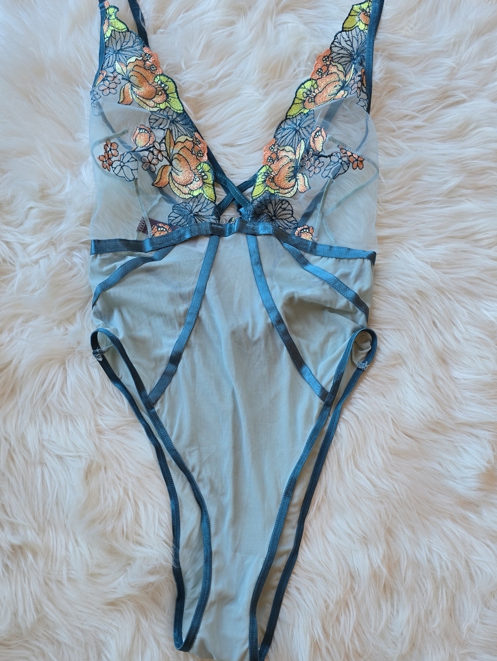 Adore Me Teal Sheer Floral Embroidered Bodysuit SIZE S
